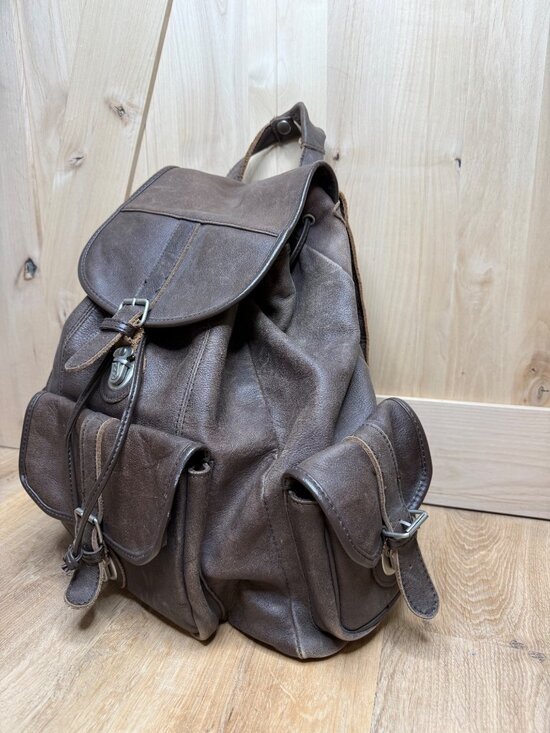 Vintage XL Genuine Cowhide Leather Backpack Brown Drawstring Buckle Flap Multi P main image 7